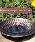 12.3 Inch Solar Fountain Bird Bath For Outdoors Copper Finish, Metal Bird Bath Bubbler For Garden Patio Decor, shown in use.