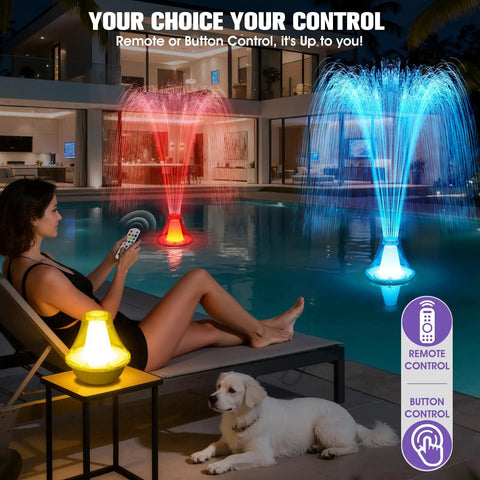 Rechargeable Floating Pool Fountain With Remote Control, 10 Color Light Show, Anchor Included, shown in red and blue sprays beside pool