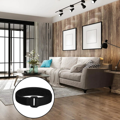 20 Pcs Heavy Duty Nylon Sectional Connectors for modular couch stability, featuring a black strap in a modern living room setting.