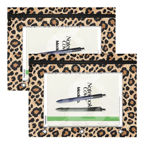 Zippered Leopard Print Coupon And Card Organizer for school supplies, clips into a 3 ring binder, leopard design, clear window