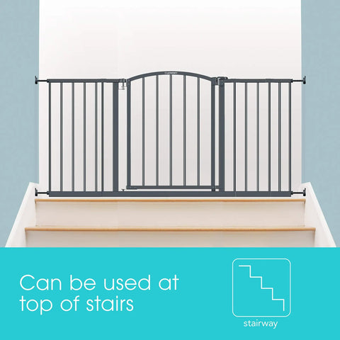 No-Fuss Extra Wide Decor Safety Gate For Babies And Pets, 27 Inch Tall, installed at top of stairs, black metal frame