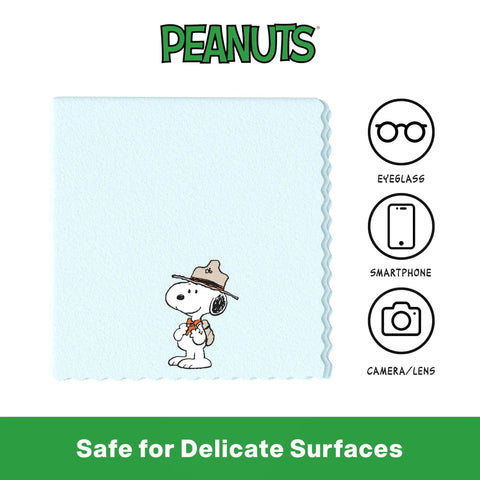 Image of Snoopy-themed microfiber cleaning cloth, part of 3 Pack Microfiber Cleaning Cloths For Glasses And Lenses, Ultra Soft Eyeglass Wipes For Delicate Screens, Camera Lenses And Gadgets, Wipes Dust Smudges And Oils, Safe On All Surfaces, On The Go Travel Essential.