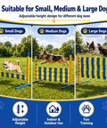 Metal Adjustable Dog Agility Jump Set With Nine Height Levels for all dog sizes, showing small, medium, and large dogs in training action.