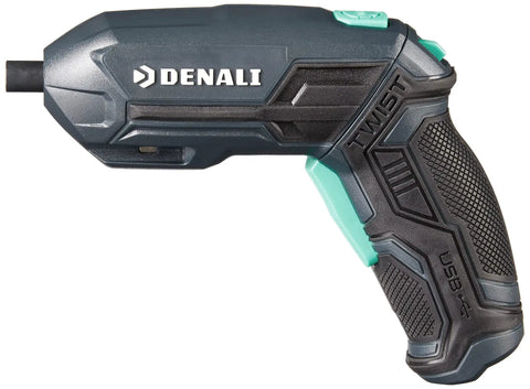 4V Cordless Pivoting Screwdriver With 10 Piece Bit Set And USB Charger Blue shown with pivoting handle, side view