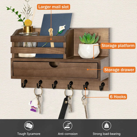 Wall Mount Key And Mail Organizer With Six Hooks And A Storage Drawer Wooden Key Rack With Shelf For Entryway And Home Decor Easy To Install With Screws Or Adhesives No Drill Option