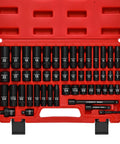 Heavy Duty Three Eighths Inch Drive Impact Socket Set, Forty Nine Piece SAE And Metric, visible in red carrying case, black phosphate finish.