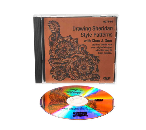 DVD case and disc for Drawing Sheridan Style Patterns by Chan J. Geer, featuring floral leather design tutorials.