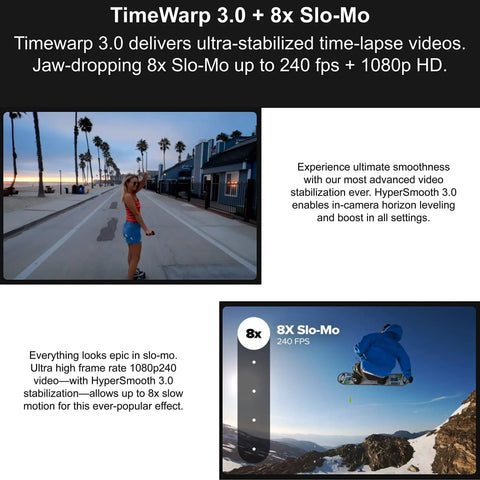 Person skateboarding using waterproof action camera with front LCD and rear touch screens, 5K Ultra HD video, 23.6MP sensor capabilities.