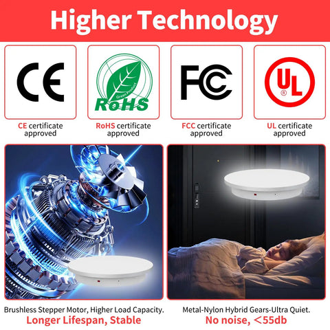 Heavy Duty Motorized Turntable With Remote Speed Control For 3D Scanning And Showcase Displays Up To 660 Lbs displayed with certification logos.
