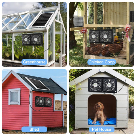 Solar Powered Dual Fan Kit For Outdoor Chicken Coops, Greenhouses And Sheds, Waterproof 25W Panel, Intake Or Exhaust Air Solution, Battery Free Operation For Year Round Comfort And Easy Install