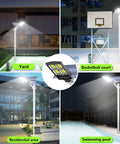 1000W Solar Street Light Dusk To Dawn 80000LM LED Beast Mode Brightness illuminating various outdoor areas with motion sensor