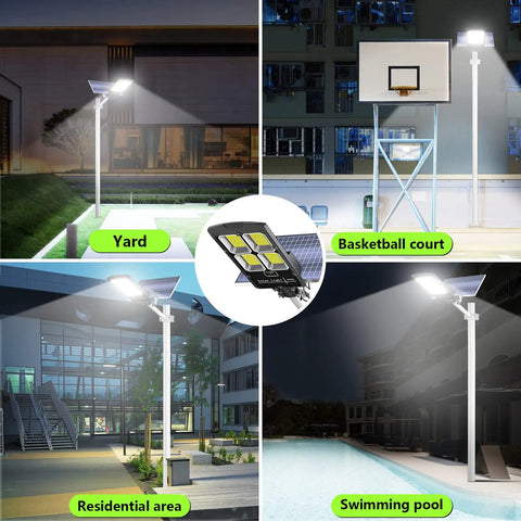 1000W Solar Street Light Dusk To Dawn 80000LM LED Beast Mode Brightness illuminating various outdoor areas with motion sensor