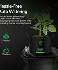 4-Pack FlexFeed Self-Watering Pots with Auto Irrigation Base holding plant in grow bag, visible water meter and maintenance window