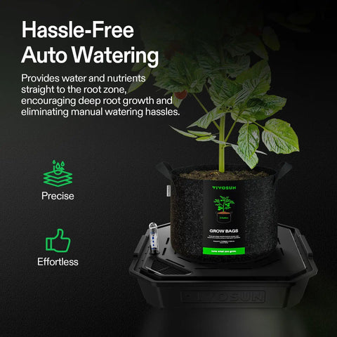 4-Pack FlexFeed Self-Watering Pots with Auto Irrigation Base holding plant in grow bag, visible water meter and maintenance window