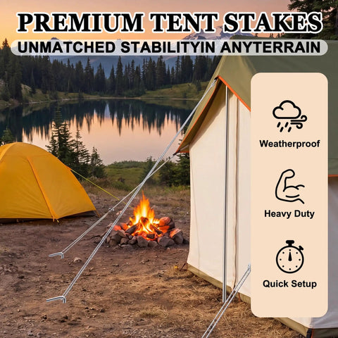 Heavy Duty Tent Stakes 20 Pack 7.1 Inch Ground Stakes galvanized steel securing tents by a campfire