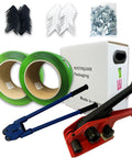 Pro Level Heavy Duty Poly Strapping Kit with green spools, tension clip, and a push pull sealer for palletizing.