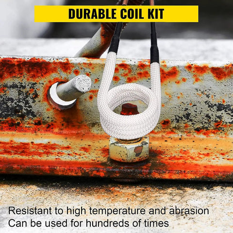 Heavy Duty Four Piece Induction Heater Coil Kit With 3 Mm Brass Cores To Rip Rusted Bolts Free And Knock Stubborn Nuts Loose Fast For Automotive Repair And Mechanic Shops, showing a durable coil on a rusted bolt.