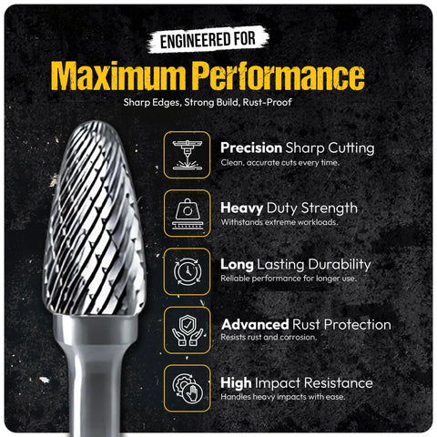 Front view of BLENCEE 10-piece tungsten carbide burr set with 6.35 mm (1/4 in) shank, double-cut for die grinders.