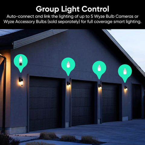 Group of Bulb Cam 2K HD Smart Security Lights installed on garage exterior, demonstrating color night vision and motion detection.
