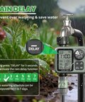 Close-up of No Fuss Setup Hose Timer With Rain Delay And Auto Or Manual Modes showing rain delay function in garden setting