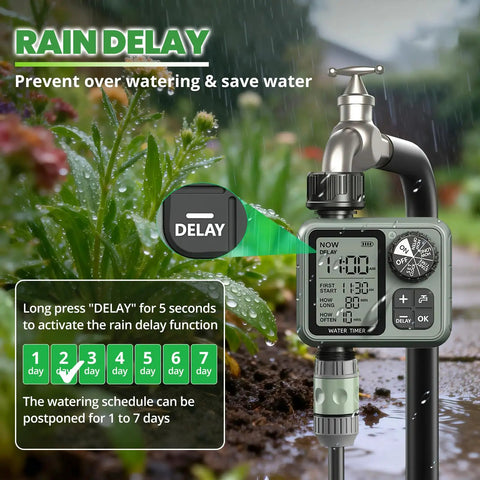 Close-up of No Fuss Setup Hose Timer With Rain Delay And Auto Or Manual Modes showing rain delay function in garden setting
