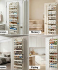 Premium Six Tier Over The Door Shoe Organizer In Durable Soft Ivory Fabric For Closets And Entryways, hung in various rooms.