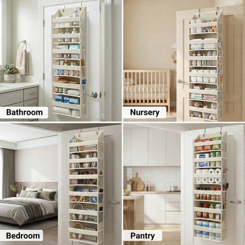 Premium Six Tier Over The Door Shoe Organizer In Durable Soft Ivory Fabric For Closets And Entryways, hung in various rooms.