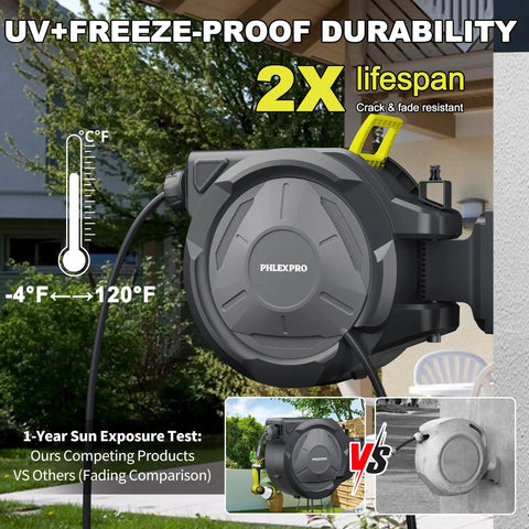 Heavy Duty Retractable Garden Hose Reel With Wall Mount 110 Feet Half Inch Hose Three Quarter Inch Brass Fittings Ten Pattern Nozzle Any Length Lock Slow Auto Retraction 180 Degree Swivel Tangle Free Design UV Resistant mounted outdoors