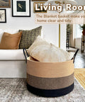 Living room with XXXLarge Woven Rope Basket For Blankets And Pillows With Long Handles Oversized Cotton Rope Basket Laundry Hamper And Nursery Storage Bin 21 By 14 Inches Decorative And Durable beside sofa.