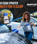 Woman using Pro Grade Foam Cannon Car Wash Sprayer With Microfiber Wash Mitt 6 Foam Settings And Rinse Hose End Foam Sprayer Kit for at-home detailing.