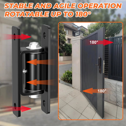 PICURA 7-inch black steel heavy-duty gate hinge, wall-mount, 2-pack; shown installed with 180° swing