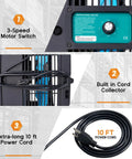 3-speed motor switch, built-in cord collector, and 10 ft power cord of 48 Inch Industrial Drum Fan With 17,660 CFM High Velocity Airflow.