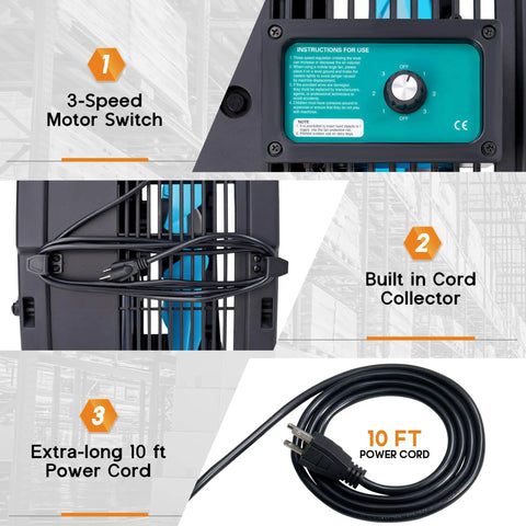 3-speed motor switch, built-in cord collector, and 10 ft power cord of 48 Inch Industrial Drum Fan With 17,660 CFM High Velocity Airflow.