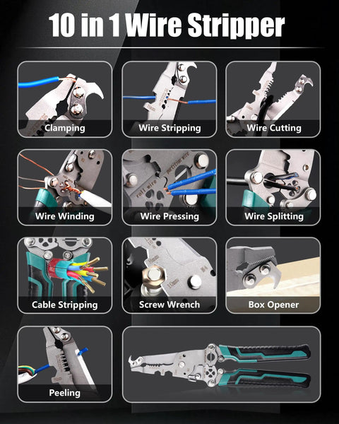 Close-up of 18 In 1 Foldable Wire Stripper Kit With Crimping Pliers Cutter Twister Tool demonstrating various functions.