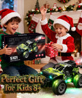 Kids opening box of 1:18 Scale RC Monster Truck For Kids 4 To 12 All Terrain Off Road Remote Control Car With LED Lights And Spray Fog