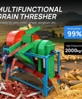 Pro Grade 220V Multi Function Thresher For Sorghum And Grains Easy To Use Inlet Extended Body For Thorough Seed Separation Fast Cereal Seed Threshing Compatible With Corn Millet Wheat Sorghum 4KW 60Hz visualized in operating mode, threshing corn and grains outdoors.
