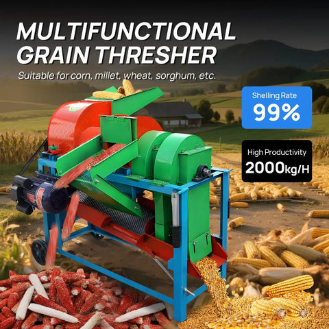 Pro Grade 220V Multi Function Thresher For Sorghum And Grains Easy To Use Inlet Extended Body For Thorough Seed Separation Fast Cereal Seed Threshing Compatible With Corn Millet Wheat Sorghum 4KW 60Hz visualized in operating mode, threshing corn and grains outdoors.