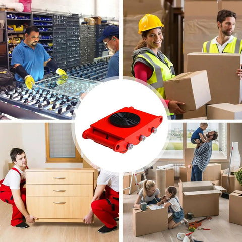 Tough As Nails Heavy Duty Mechanical Skates For Industrial Machinery Transport With Rugged Steel Rollers and Smooth Gliding design shown in use by workers moving heavy items.