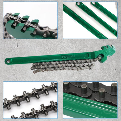 Close-up of a Heavy Duty Chain Wrench Set 3 Piece Adjustable Oil Filter Chain Wrenches 9 Inch, 12 Inch, and 16 Inch.