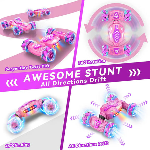 Image of pink Gesture Sensing RC Stunt Car With Hand Control And Remote 360 Degree Rotating 4WD 2 4GHz RC Toy Car showing various stunts.