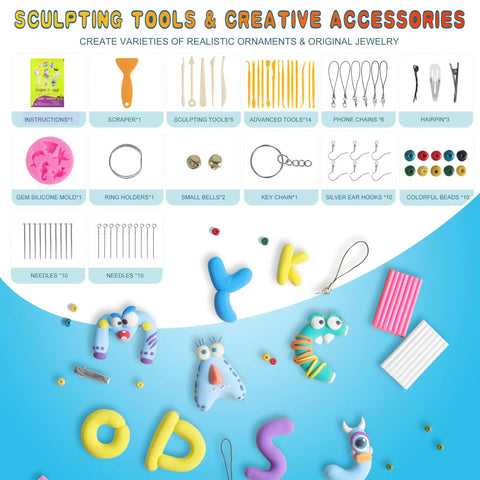 Sculpting tools and accessories from 50 Color Polymer Clay Kit For Kids And Grownups Modeling Clay With Storage Box Oven Bake Clay Set