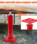 Front view of 4-pack red steel crawlspace house jack with square base, 11-16 in height, 11,023 lb capacity