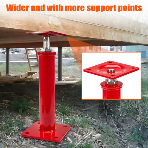 Front view of 4-pack red steel crawlspace house jack with square base, 11-16 in height, 11,023 lb capacity