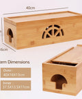 Extra Large Bamboo Cable Management Box With Lid For Cords And Power Strips Or Surge Protectors, showcasing dimensions.