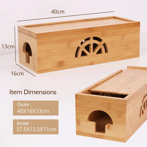 Extra Large Bamboo Cable Management Box With Lid For Cords And Power Strips Or Surge Protectors, showcasing dimensions.