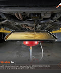 Heavy Duty Transmission Drain Pan With Three 22 Inch Anti Splash Pads in use under car, capturing oil and coolant leak-proof