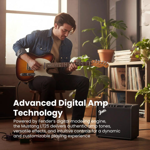 Guitarist playing a guitar next to Mustang LT25 Guitar Combo Amp Bundle With Cable And Austin Bazaar Exclusive 12 Pack Picks.