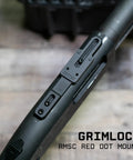 Grimlock Shotgun Rail Mount With Universal Mounting System And Gunsmithing Screw Set Fits Drilled And Tapped Shotguns Locks Up Tight Rmsc Footprint Red Dot Base showing side view of mount on shotgun barrel.