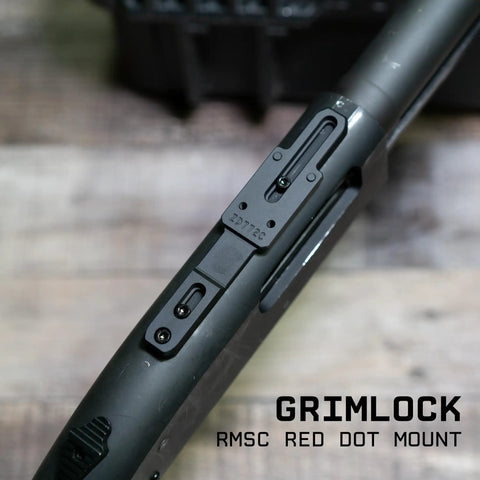 Grimlock Shotgun Rail Mount With Universal Mounting System And Gunsmithing Screw Set Fits Drilled And Tapped Shotguns Locks Up Tight Rmsc Footprint Red Dot Base showing side view of mount on shotgun barrel.