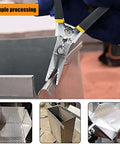Heavy-Duty Metal Sheet Pliers Bending Tool in use, bending metal edge, with close-up of pliers gripping edges, showcasing industrial application